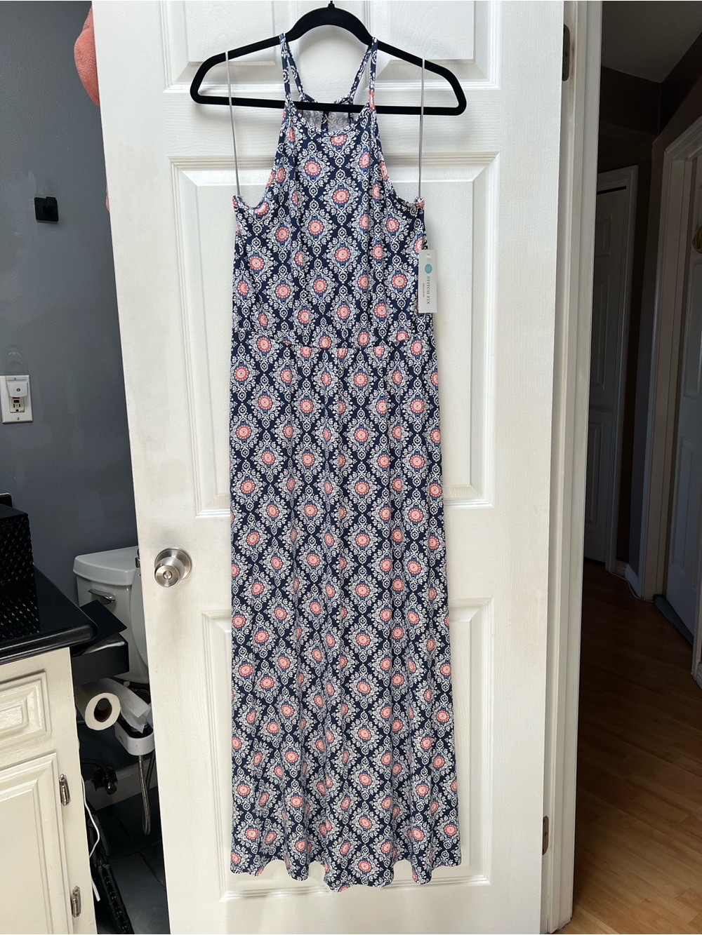 French Grey Navy Maxi Dress with Pink Floral Motif